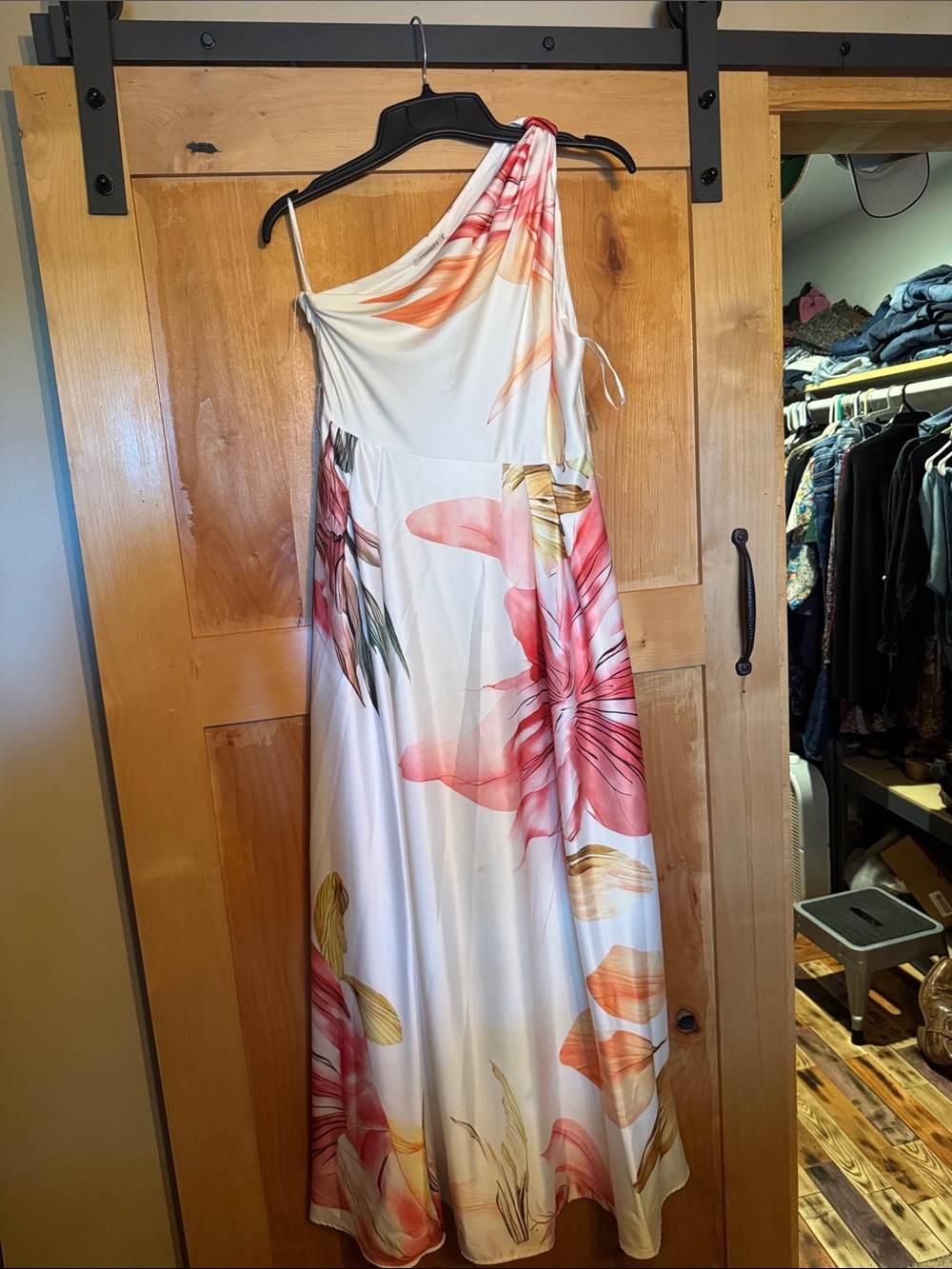 Floral One-Shoulder Maxi Dress - White with Pink & Orange Floral
